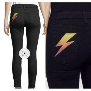 MOTHER Black Ankle Cigarette Jeans with Yellow-Pink Lightning Bolt